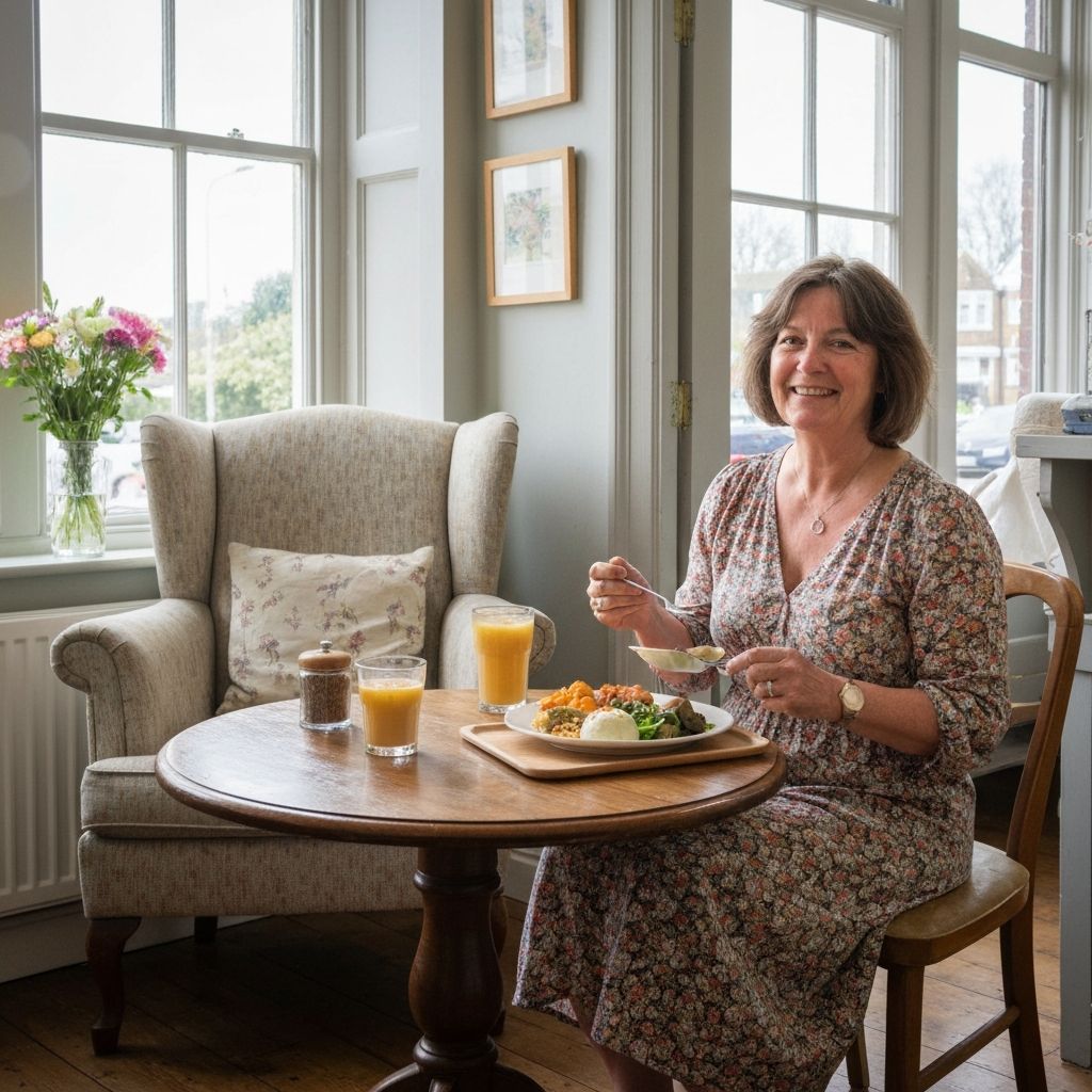 Person enjoying a relaxed lunch at a calm café with natural food presentation