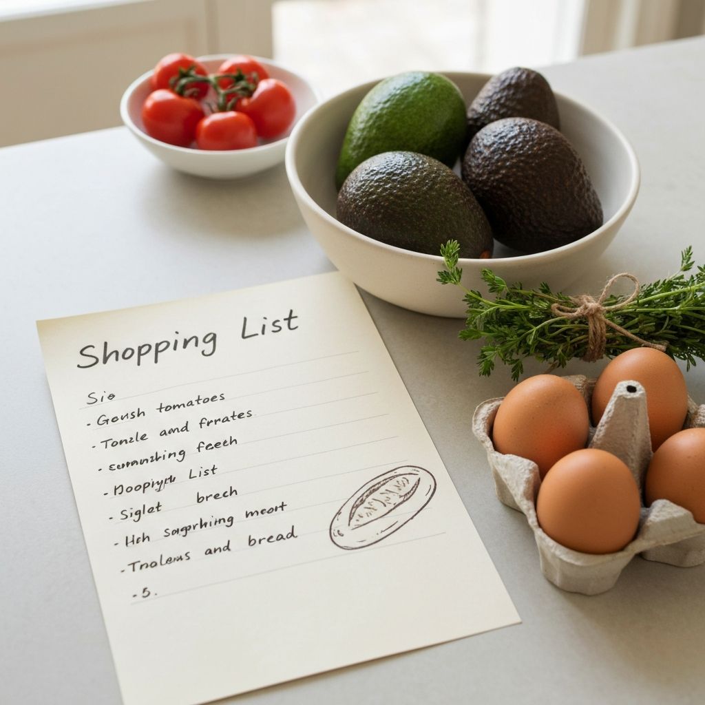 Handwritten shopping list next to fresh groceries and natural ingredients
